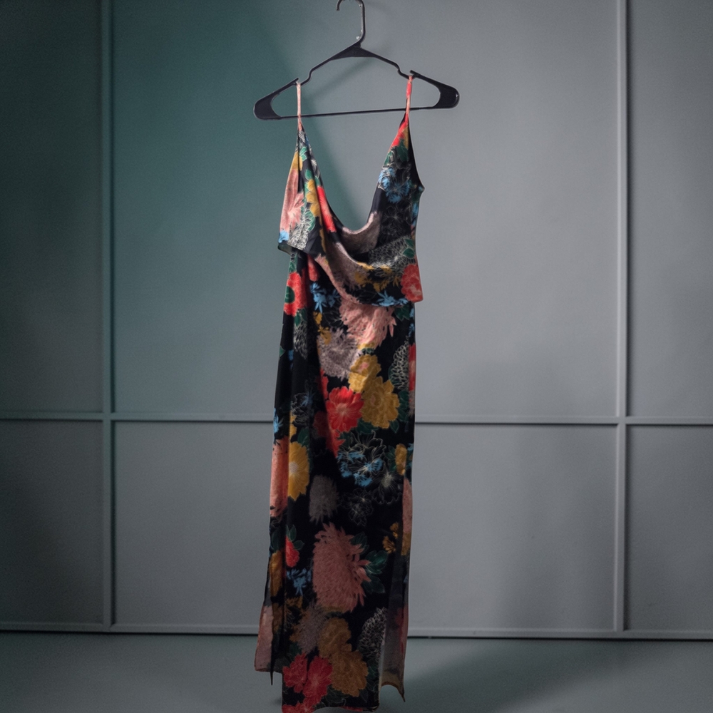Black Floral Slip Maxi Dress with Multicolor Blooms